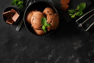 Chocolate ice cream with mint leaf on black background,