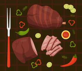 BBQ meat. Grilled beef and fried pork leg with sauce, chilli and piece lime. Mexican popular grilled meat food. View from above. Vector illustration of Hispanic national food.