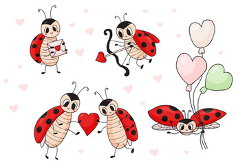 Obraz na płótnie Canvas Collection ladybug and love. Cute insect ladybird with letter and balloons, couple in love with heart and cupid beetle with an arrow. Vector isolated drawings for design, valentine, print.