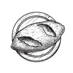 Loaf of bread on the cutting wooden board. Hand drawn sketch style. Top view. Fresh bakery product. Vector illustration.