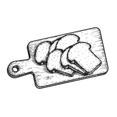 Sliced bread on the cutting wooden board. Hand drawn sketch style. Top view. Fresh bakery product. Vector illustration.
