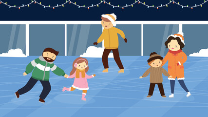 Adults and children skate on the rink