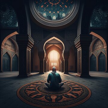 A man praying inside a beautifully structured mosque, a beautiful scene of islamic praying culture generative ai