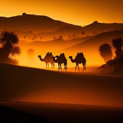 Fototapeta na wymiar camels in the desert with a beautiful sunset and a mosque in the background