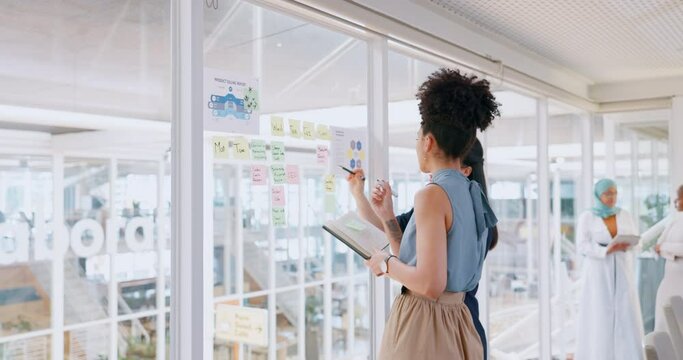Sticky note, notebook and teamwork of business people in office workplace. Planning, collaboration and women with book brainstorming sales, advertising or marketing strategy and writing on glass wall