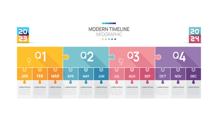 Business road map timeline infographic jigsaw template. Modern milestone element timeline diagram calendar and 4 quarter topics, Can be used for vector infographics digit marketing data presentations.