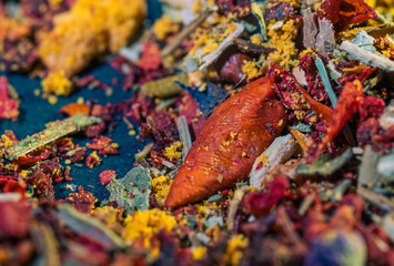 A mixture of different spices in close-up. Macro photo of spices.