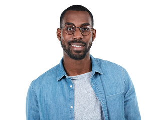 Young black man, face and success smile ready isolated in white background studio for casual...