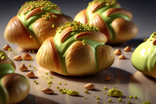 Detail of freshly baked pistachio croissants on a shiny tile. Cruasan con pistachos recien horneados. Generative AI