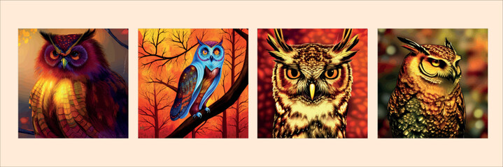 Obraz na płótnie Canvas Owl illustration set. Various types of Owls collection. Hand drawn Wise bird dressed up in retro Owl, snowy, brelov, play, forest wildlife birds on different surfaces. forest background