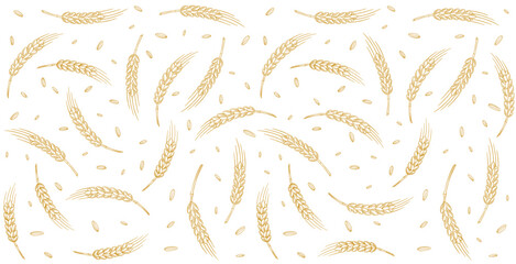 Cereal pattern background. Grains and ears of wheat, rye or barley. Wrapping paper for bread. Vector illustration. - 562328207