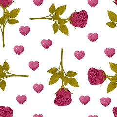 seamless pattern from red roses and hearts on white background. Romantic floral cute pattern. Vector illustration.