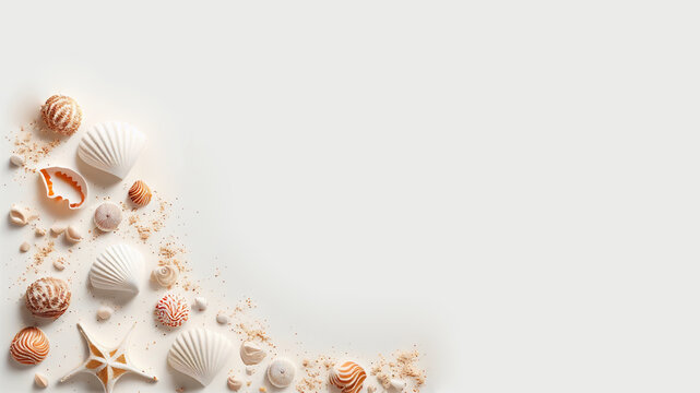 Summer background/wallpaper/desktop with sand and seashells, empty copy space for text or additional images, generative ai, digital art