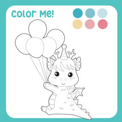 Colour me with these colours. Adorable baby dragon colouring page for kids. Colouring page activity baby dragon brings balloon to the birthday party. Cute dragon vector illustration. 