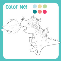 Colour me with these colours. Adorable baby dragon colouring page for kids. Colouring page activity baby dragon eating spicy chili. Cute dragon vector illustration. 