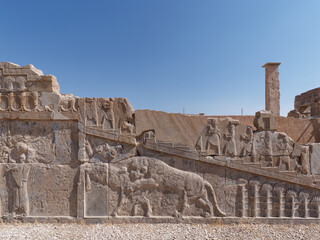 Close-up photo of the wall relief on the ancient walls of Persepolis Palace with a blue sky in the background, Fars province in Iran