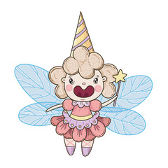 Sweet fairy. Little girl. Magic drawing. Illustration for printing. Children's postcard. Color vector. Enchantress with a magic wand.