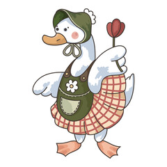 Duck in a bonnet, lady goose. Duck in the garden, in a dress, in an apron. Cute goose with a flower in his hand. Garden decor.