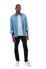 Fototapeta premium Young black man, full body portrait and standing ready isolated in white background studio for casual happiness. African man, happy lifestyle and positive mindset energy for confidence and success