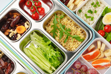 Many containers with delicious healthy food for background