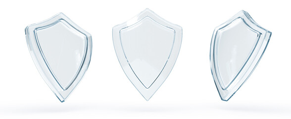Glass safety shield icon set 3d render. Mockup of blank transparent blue acrylic glass panel, award trophy or certificate template isolated on white background, front and side view