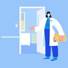 Fototapeta premium Vector illustration, a female doctor in a mask stands at the entrance to the medical office and invites you to enter. Medical examination, diagnosis, vaccination.
