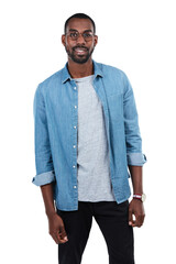 Young black man, smile portrait and standing ready isolated in white background for casual happiness. African man, happy lifestyle and positive mindset or happiness energy, confidence and success
