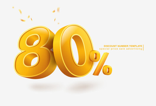 80% discount template, 3D letters, used for promotional advertisements in special sales. Isolated on white background. Realistic vector file.