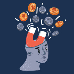 Vector cartoon illustration of businessman hand watering a money inside an investor head