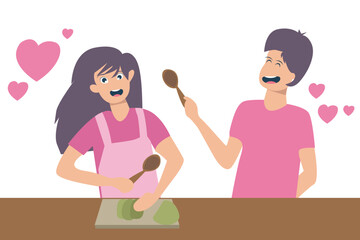 Fototapeta premium vector flat illustration two people couple celebrating valentine day love by preparing food together to celebrate valentines. with illustrations and love