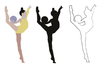 The silhouette of a gymnast who lifted her leg up. In the hands of the ball