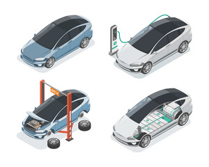 EV Electric car Maintenance and Charging Station isometric view isolated vector set