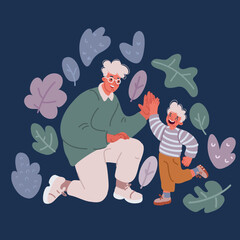 Vector cartoon illustration of father bow his body to give high five gesture to his boy. Parenting concept.
