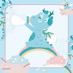 Cute Little Dragon the Mythological creature. Flashcard for Children. Ready to print. Printable game card. Funny fantasy cartoon character. Educational card for preschool. Vector file.