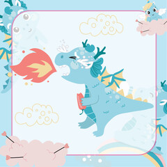 Cute Little Dragon the Mythological creature. Flashcard for Children. Ready to print. Printable game card. Funny fantasy cartoon character. Educational card for preschool. Vector file.