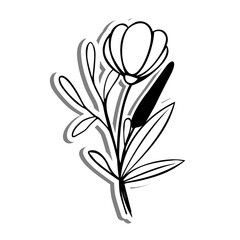 Little Bouquet Line Art. Flower, Leaves and Pollen on white silhouette and gray shadow. Vector illustration for decoration or any design.
