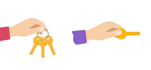 Key holding hand or giving icon vector image, person man opening unlocking door or lock via latchkey clipart illustration flat design - obrazy, fototapety, plakaty