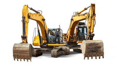 Two powerful crawler excavators isolated on white background. Powerful excavator with an extended...