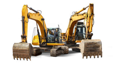 Two powerful crawler excavators isolated on white background. Powerful excavator with an extended bucket close-up. Construction equipment for earthworks. element for design.