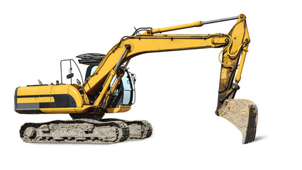 Crawler excavator isolated on white background. Powerful excavator with an extended bucket close-up. Construction equipment for earthworks. element for design. - obrazy, fototapety, plakaty