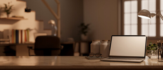 Home workspace tabletop with laptop mockup and copy space over blurred home living room