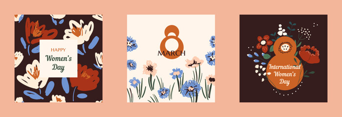 Fototapeta premium Cute greeting cards with spring flowers. Floral frame design collection. International Women's Day, 8 March concept. Modern flat vector illustration for postcard, poster, cover, invitation