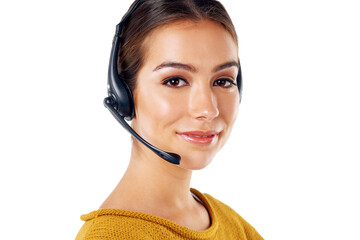 Communication, technology and portrait of woman at call center isolated with smile on white...