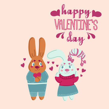Valentine s Day Love and February 14. Vector cute illustrations. Postcard with cute rabbits. Drawings for a postcard, poster or card.