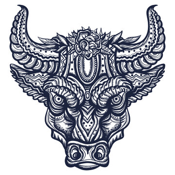 Floral bull head. Esoteric animal. Old school tattoo vector art. Hand drawn graphic. Isolated on white. Traditional flash tattooing style