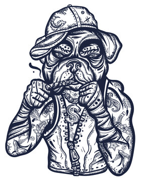 Dog. Crime boxer bulldog. Old school tattoo vector art. Hip-hop and gangsta lifestyle. Criminal street culture. Hand drawn graphic. Isolated on white. Traditional flash tattooing style