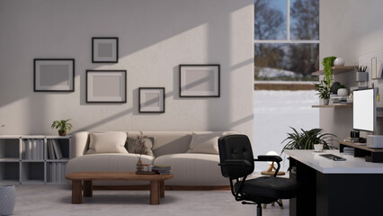 Modern living room with home office space interior design with couch, modern computer desk