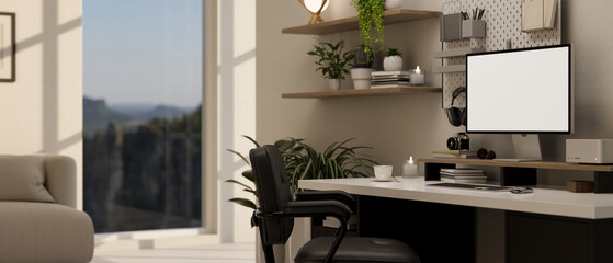 side view of a modern urban home office interior design with PC desktop computer mockup