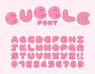 Pink bubble font with letters, numbers, dot, comma, question mark and exclamation mark on pink background