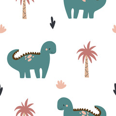 Vector hand drawn colorful seamless repeat baby pattern with cute dinosaurs and scandinavian style textures for nursery and textile decoration.
